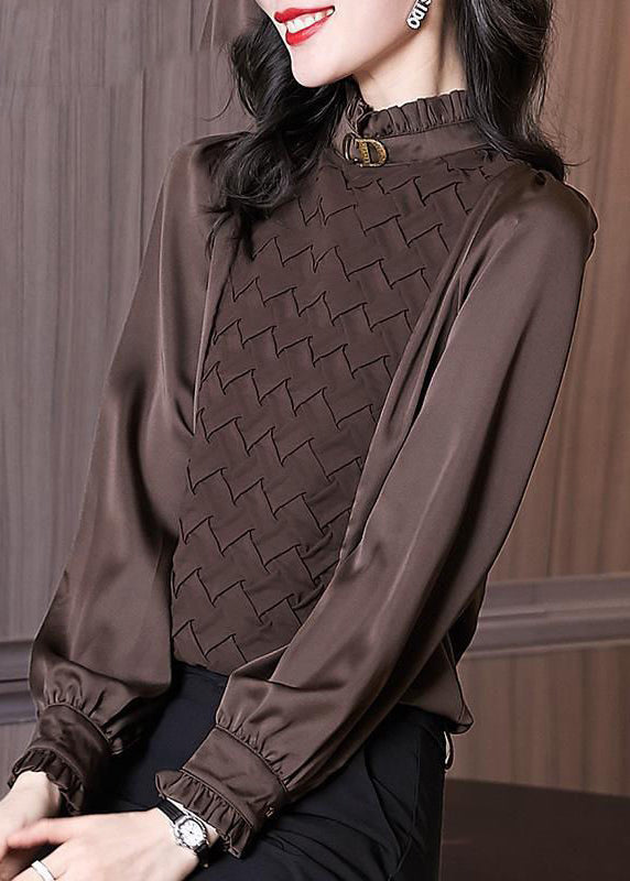 French Chocolate Stand Collar Ruffled Chiffon Shirt Top Long Sleeve