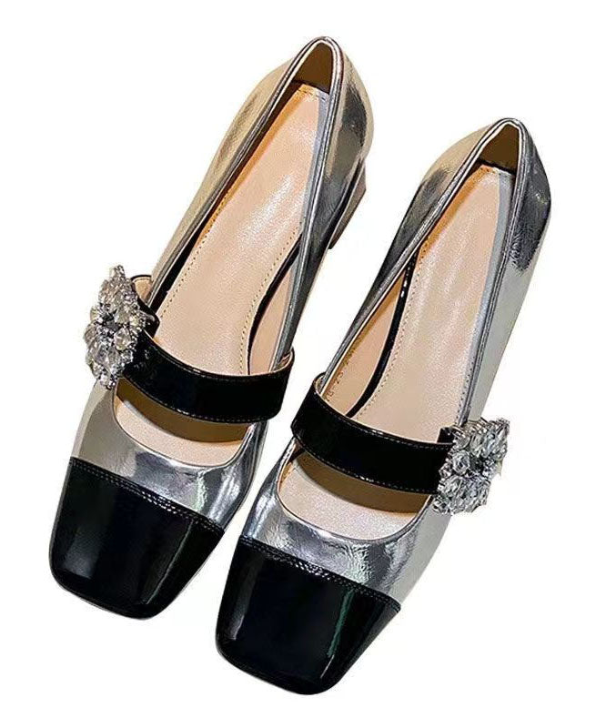 French Chunky Heel Silver Zircon Splicing Loafer Shoes