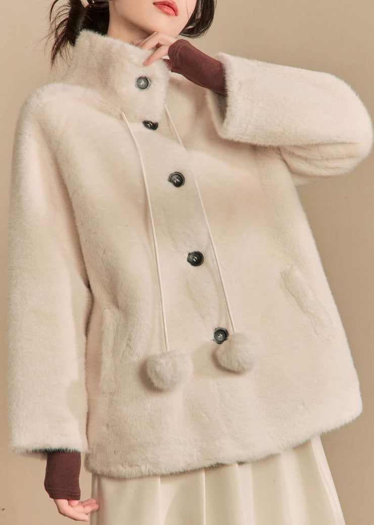 French Coffee Button Lace Up Pockets Fluffy Coats Winter