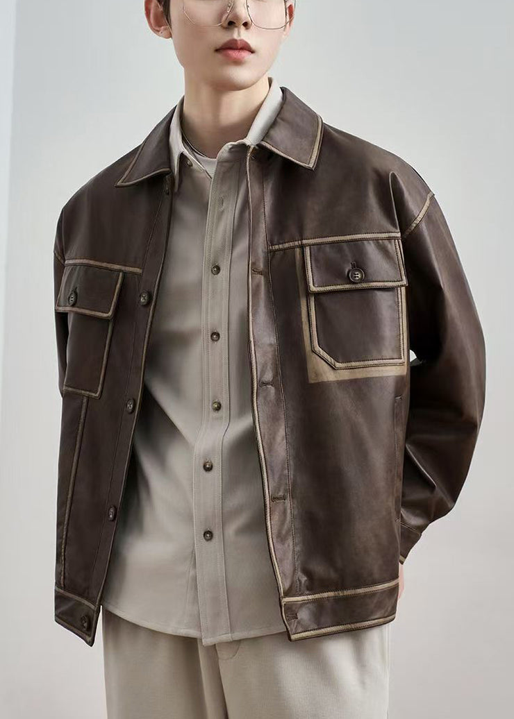 French Coffee Button Pockets Faux Leather Men Coat Spring