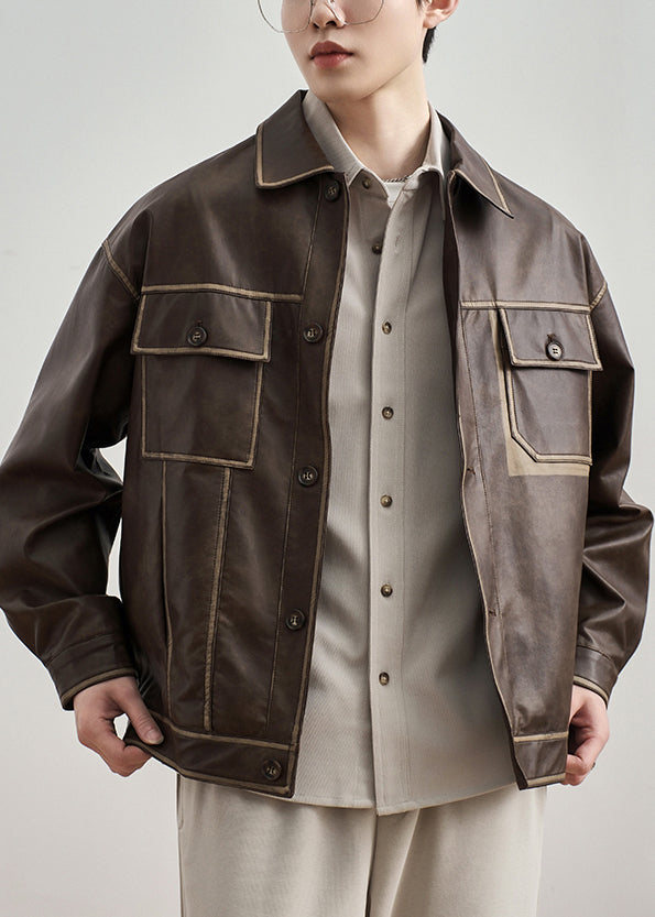 French Coffee Button Pockets Faux Leather Men Coat Spring