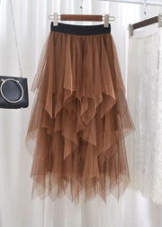 French Chocolate Elastic Waist Asymmetrical Exra Large Hem Tulle Skirt Summer