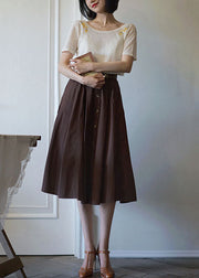 French Chocolate High Waist Single Breasted Cotton A Line Skirts Spring