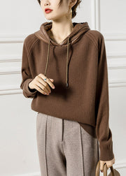 French Coffee Hooded Patchwork Wool Knit Sweaters Fall