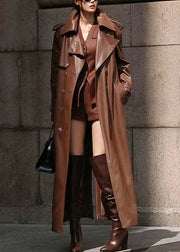 French Coffee Notched Button Faux Leather Long Trench Coat Winter