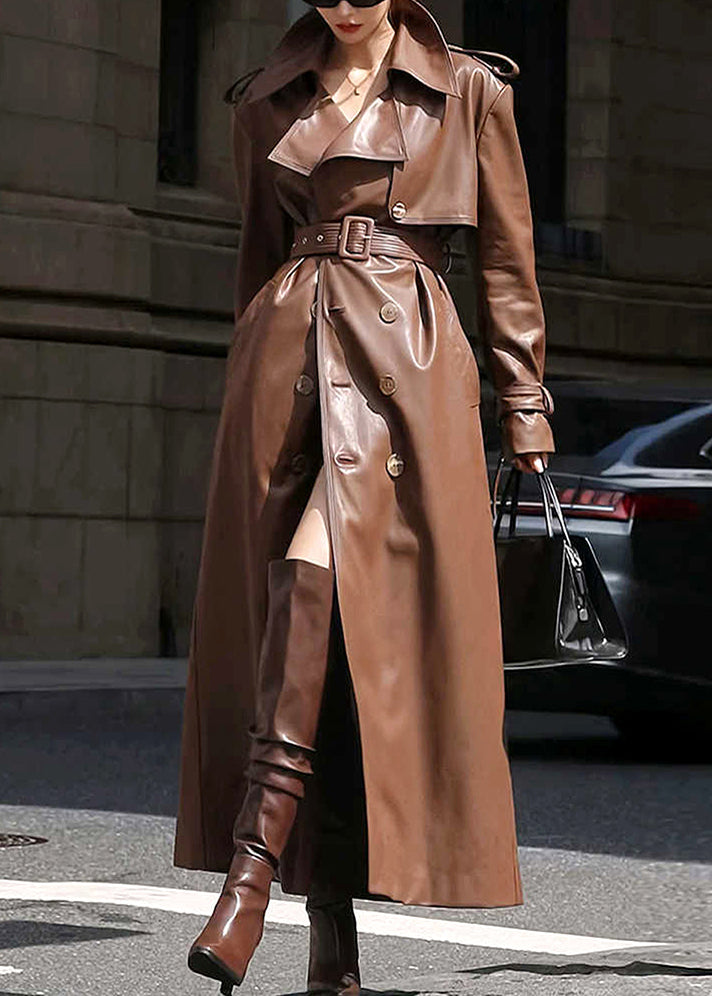 French Coffee Notched Button Faux Leather Long Trench Coat Winter