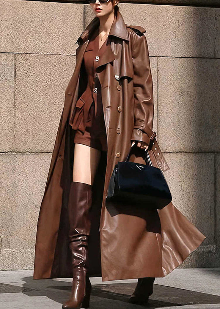 French Coffee Notched Button Faux Leather Long Trench Coat Winter