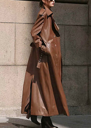 French Coffee Notched Button Faux Leather Long Trench Coat Winter