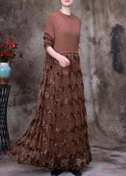 French Chocolate O-Neck Embroideried Lace Patchwork Knit Maxi Dress Long Sleeve