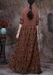 French Chocolate O-Neck Embroideried Lace Patchwork Knit Maxi Dress Long Sleeve