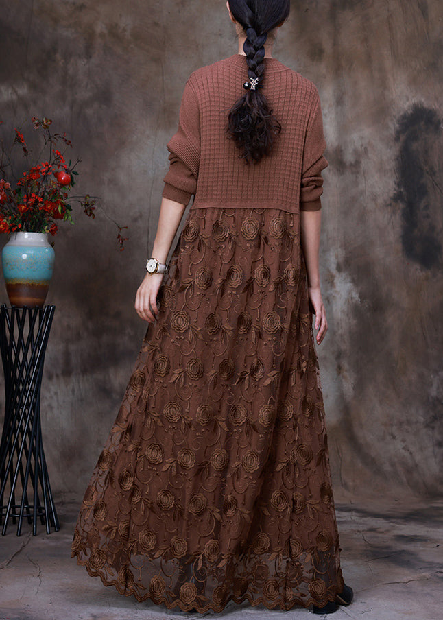 French Chocolate O-Neck Embroideried Lace Patchwork Knit Maxi Dress Long Sleeve