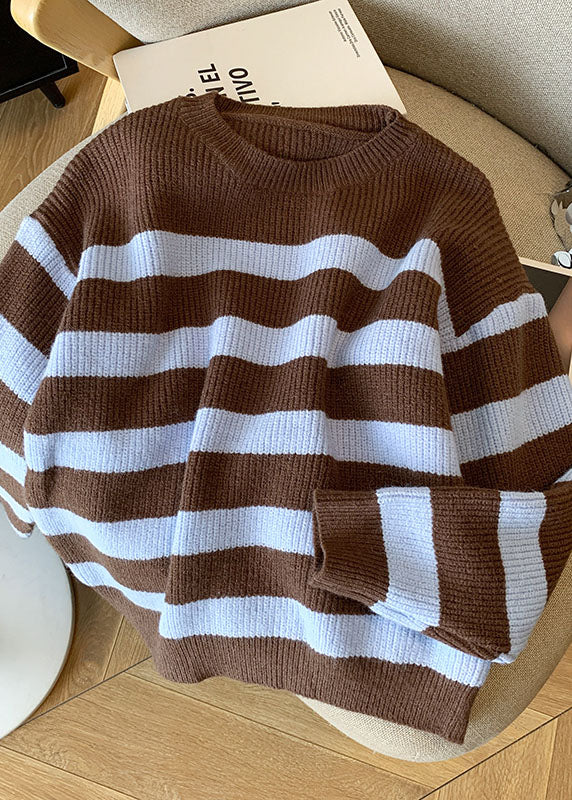 French Coffee O Neck Striped Knit Short Sweater Fall