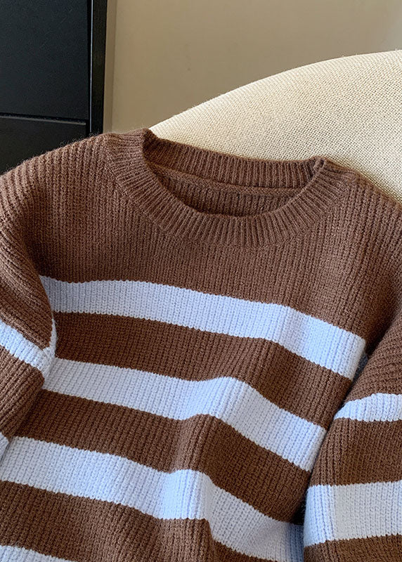 French Coffee O Neck Striped Knit Short Sweater Fall