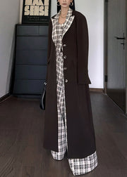 French Coffee Peter Pan Collar Button Plaid Patchwork Trench Fall