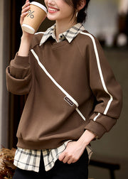 French Coffee Peter Pan Collar Patchwork Cotton Sweatshirt Spring