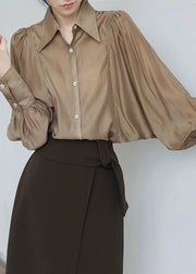 French Coffee Peter Pan Collar Patchwork Silk Shirt Puff Sleeve