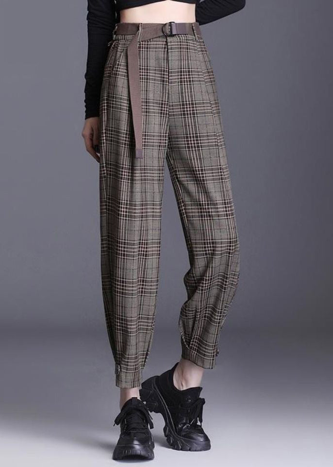 French Coffee Plaid Pockets Cotton Crop Pants Spring