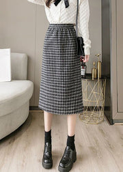 French Coffee Plaid Side Open Elastic Waist Woolen Skirts Spring