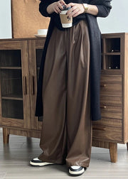 French Coffee Pockets High Waist Faux Leather Wide Leg Pants Spring