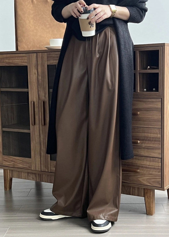 French Coffee Pockets High Waist Faux Leather Wide Leg Pants Spring