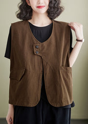 French brown Pockets Patchwork Cotton Vest Sleeveless