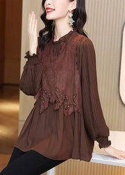 French Coffee Ruffled Patchwork Shirt Butterfly Sleeve