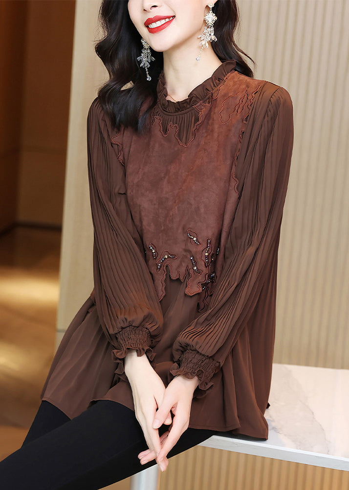 French Coffee Ruffled Patchwork Shirt Butterfly Sleeve