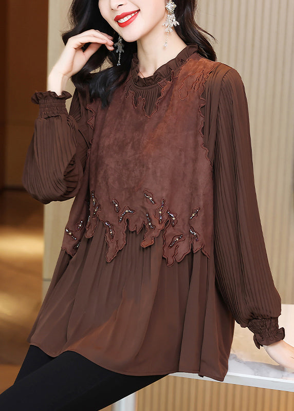 French Coffee Ruffled Patchwork Shirt Butterfly Sleeve