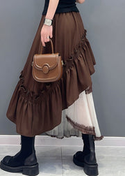 French Coffee Ruffled Pockets Patchwork Tulle Skirt Summer