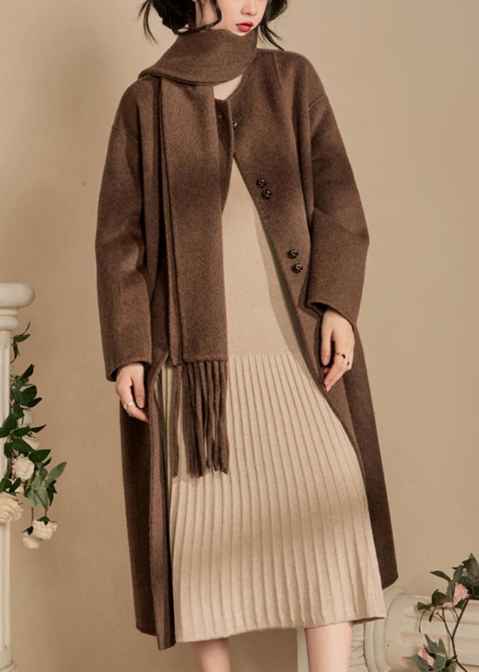 French Coffee Scarf Button Pockets Woolen Long Coats Winter