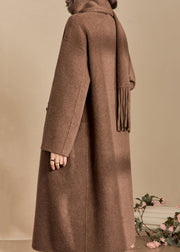 French Coffee Scarf Button Pockets Woolen Long Coats Winter