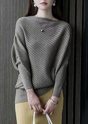 French Coffee Slash Neck Patchwork Knit Sweaters Batwing Sleeve