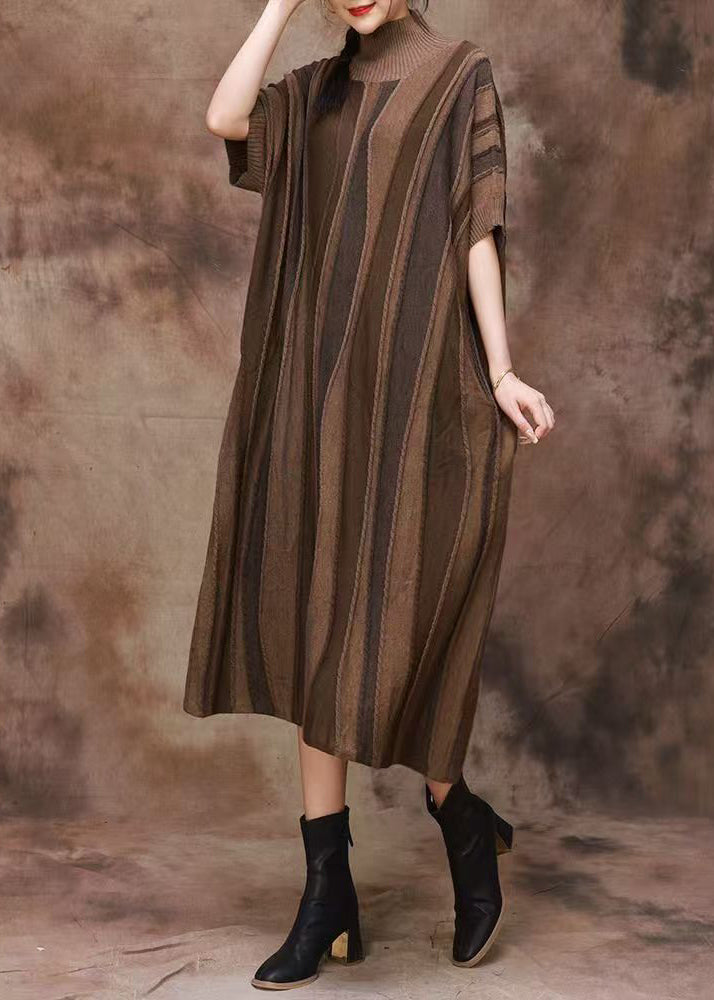 French Coffee Striped Turtleneck Patchwork Cashmere Dress Fall