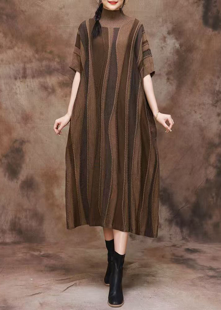 French Coffee Striped Turtleneck Patchwork Cashmere Dress Fall