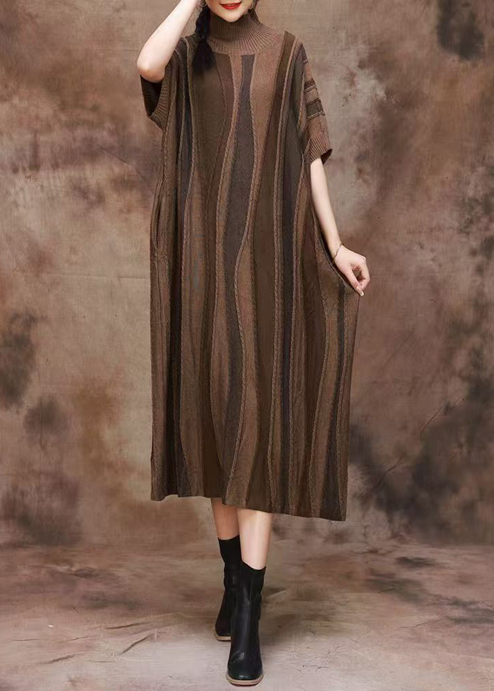 French Coffee Striped Turtleneck Patchwork Cashmere Dress Fall