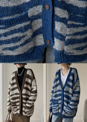 French Coffee Striped V Neck Pockets Knit Cardigans Spring