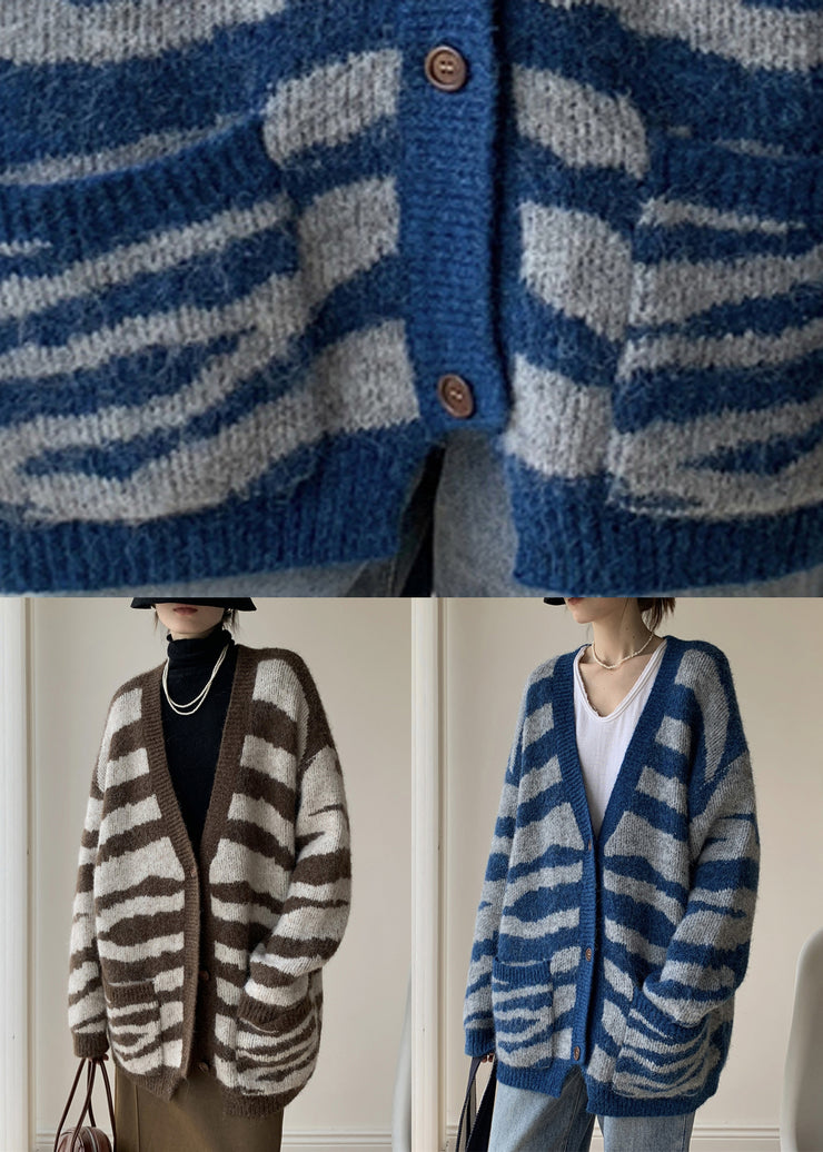 French Coffee Striped V Neck Pockets Knit Cardigans Spring