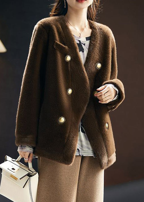 French Coffee V Neck Button Leather And Fur Coats Long Sleeve