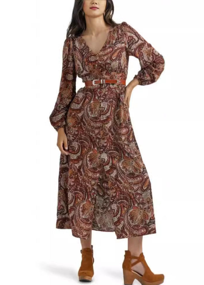 French Coffee V Neck Front Open Cotton Long Dress Fall