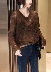 French Coffee V Neck Hollow Out Thin Knitted Tops Spring