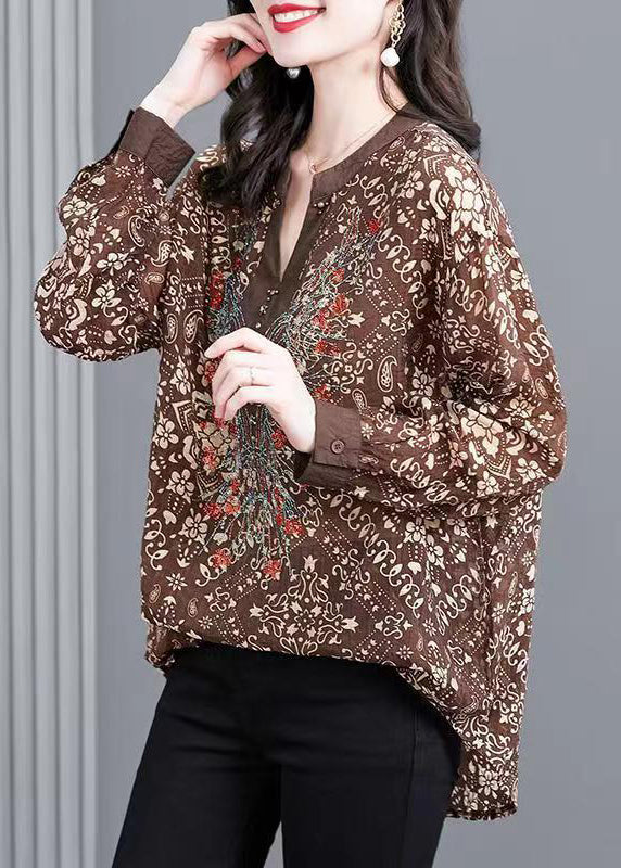 French Coffee V Neck Print Patchwork Chiffon Shirt Top Fall