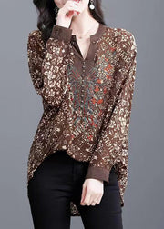 French Coffee V Neck Print Patchwork Chiffon Shirt Top Fall