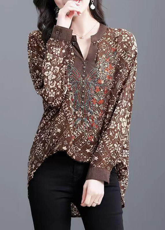 French Coffee V Neck Print Patchwork Chiffon Shirt Top Fall