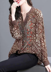 French Coffee V Neck Print Patchwork Chiffon Shirt Top Fall