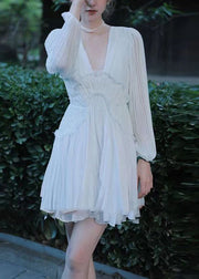 French Coffee V Neck Ruffled Patchwork Chiffon Short Dress Lantern Sleeve