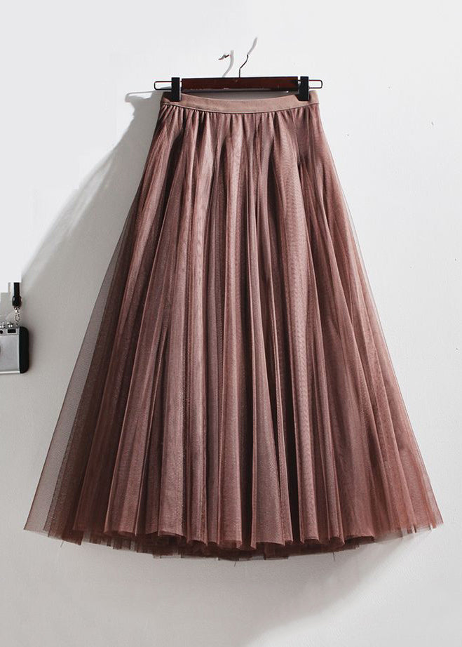 French Coffee Wrinkled Elastic Waist Tulle Skirts Summer