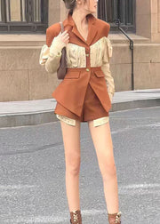 French Coffee Wrinkled Patchwork Coat And Shorts Two Pieces Spring