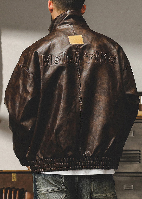 French Coffee Zip Up Oversized Faux Leather Mens Coats Spring