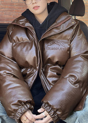 French Coffee Zip Up Pockets Faux Leather Men Down Coats Winter