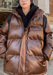 French Coffee Zip Up Pockets Faux Leather Men Down Coats Winter